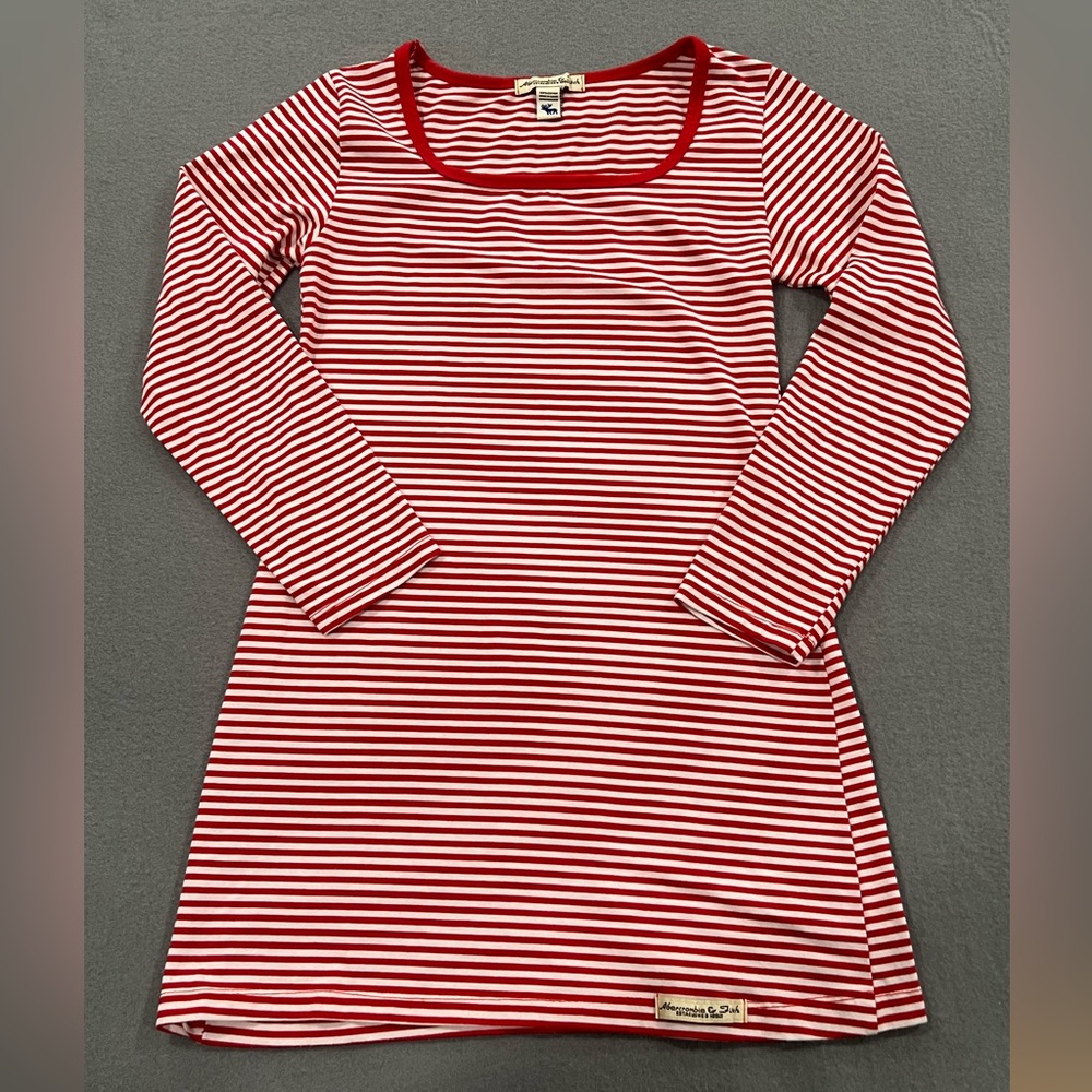 Abercrombie Vtg Y2K Red White Stripe Scoop Neck 3/4 Sleeve Cotton Top XS